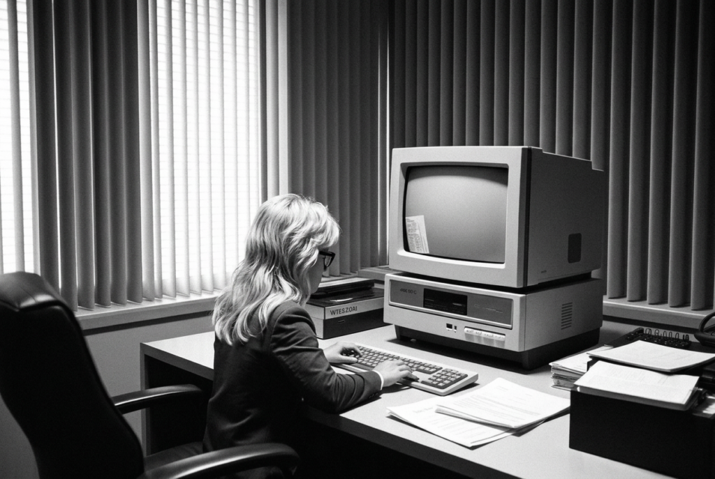 Üks inimene töötamas retrostiilis arvuti taga